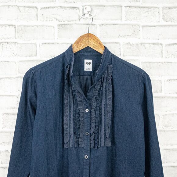 NSF bib Ruffle front Denim Button up Shirt in blue Size Small - Picture 6 of 7
